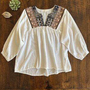 Lovestitch | 100% Cotton Embroidered Gauzy Blouse w/Split Neckline, Size S/M